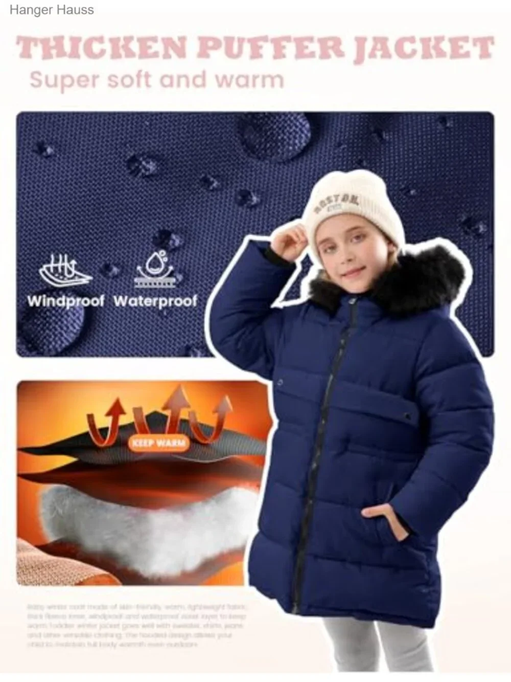 Kids Winter Long Puffer Jacket Waterproof Quilted Coat Hooded Parka